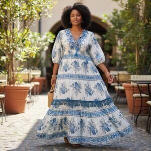 Womens Dress Size 1X Hippie Boho Classic Blue White Gold Stretch Hippie Beach